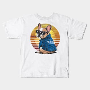 A vibrant vector illustration of a French Bulldog wearing sunglasses and a blue jean jacket, embodying a carefree Kids T-Shirt